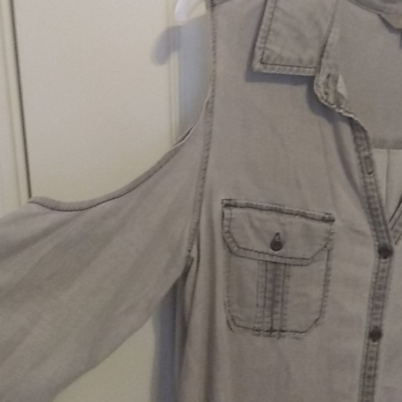 COPY - Rubbish grey distressed denim cold shoulder top. - Picture 2 of 4